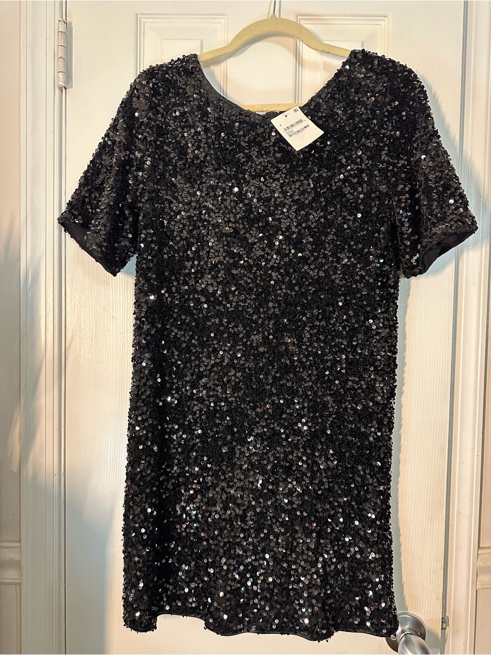 August Sky Black Sequin Short-Sleeve LBD with Satin Bow Tie detail